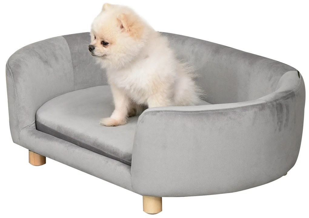 PawHut Sofá para Cães Pequenos Cama Elevada para Cães com Pés de Madeira Almofada Removível e Capa Lavável Carga 10 kg 86x55x33 cm Cinzento Claro