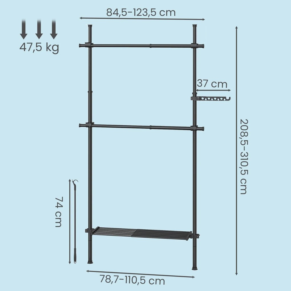 Guarda-roupa aberto com 2 varões e 1 prateleira com 3 níveis 33,5 x (84-123) x (220-300) cm , ajustável em altura e largura Preto