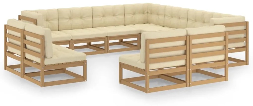 vidaXL 11pcs conj. lounge jardim almofadões pinho maciço castanho mel