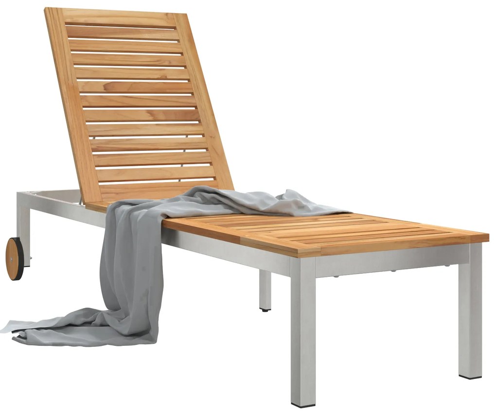 Espreguiçadeira com Rodas 207x58x35 cm Madeira Sólida Acácia e Aço Ino