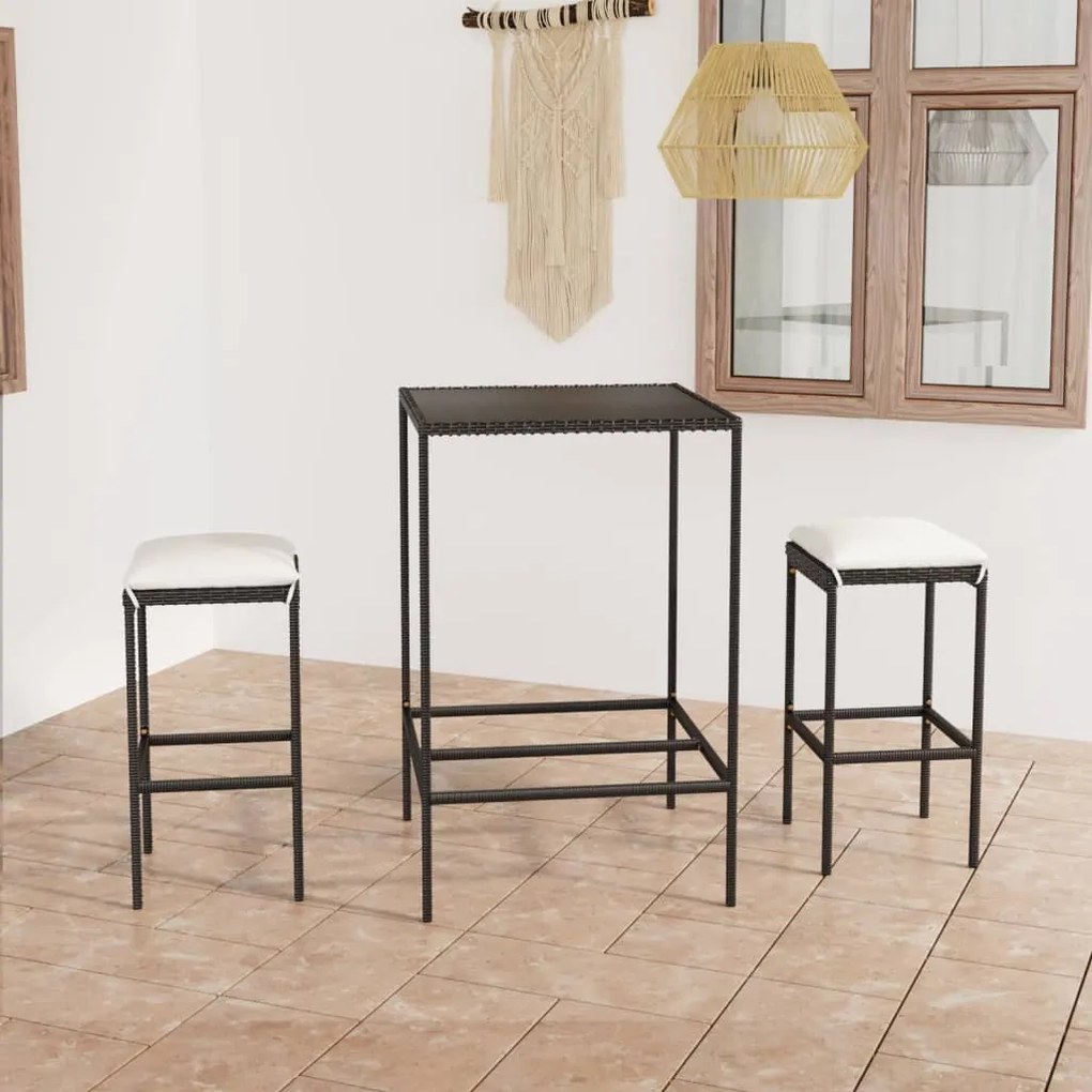 vidaXL 3 pcs conjunto bar de jardim com almofadões vime PE preto