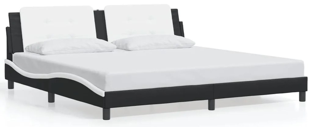Estrutura cama c/ luz LED 200x200 cm couro artif. preto/branco