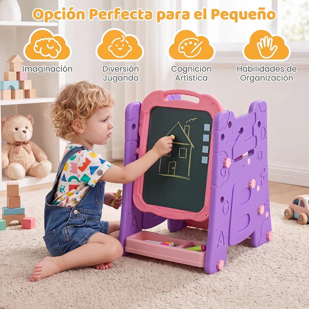 Cavalete Infantil 3 em 1, 43 x 38,5 x 55,5 cm, Quadro de Dupla Face, Rosa