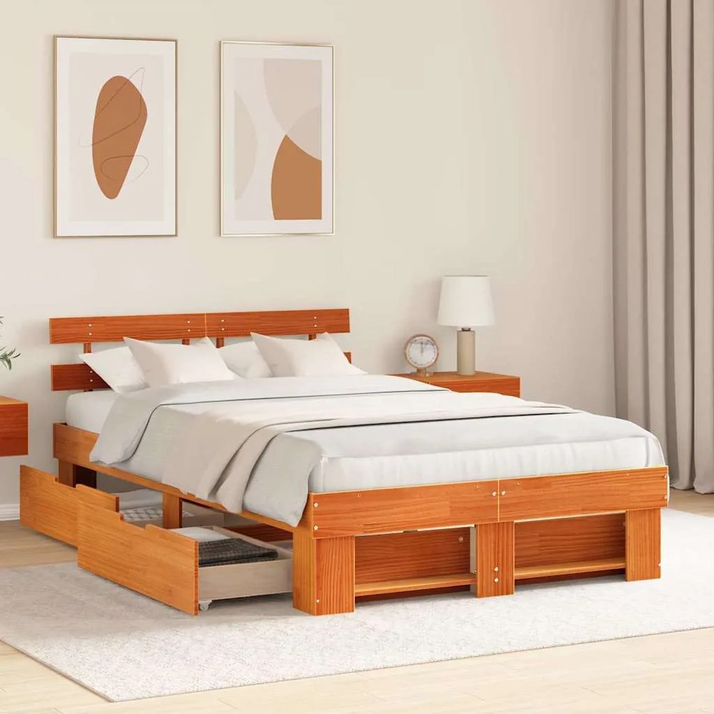 Cama com Gavetas - Cor Cera Marrom - 140 x 190 cm - Madeira de Pinheir