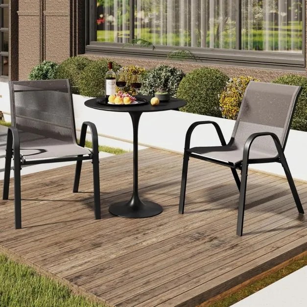 Conjunto de 4 cadeiras de jardim empilháveis (MESA NÃO INCLUIDA) com apoios de braços, encostos em metal e tecido, 56 x 70 x 84 cm Cinzento
