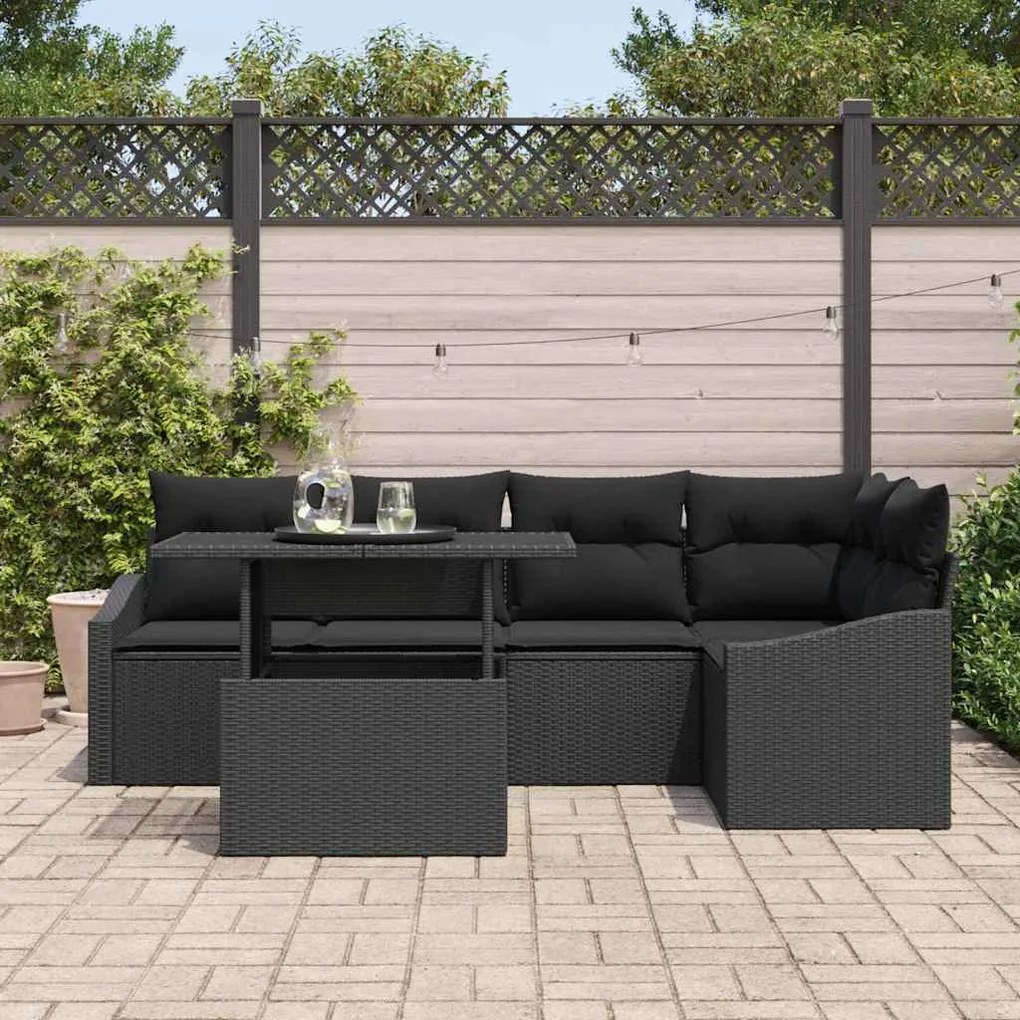 Conjunto de Sofá de Jardim com 6 Peças e Almofadas em Rattan Preto