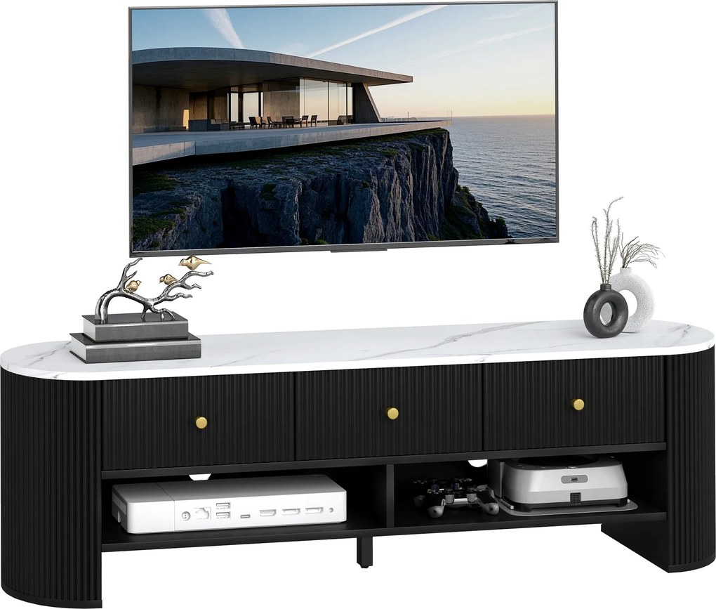 Móvel para TV de 140 cm, móvel para televisor de 65 polegadas com efeito de mármore, 3 gavetas com frentes caneladas e 2 prateleiras pretas