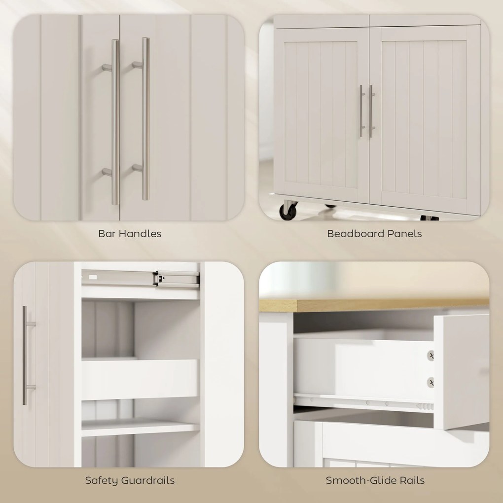 Ilha, Carrinho de Cozinha com Rodas Bancada Dobrável 2 Portas com Fecho Suave e Bandeja Extraível 129x65x91 cm Branco