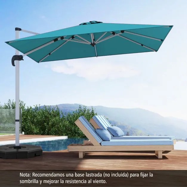 Guarda-sol de alumínio de 3 m quadrado com rotação de 360° e inclinação ajustável à prova de vento para jardim, piscina e terraço Azul