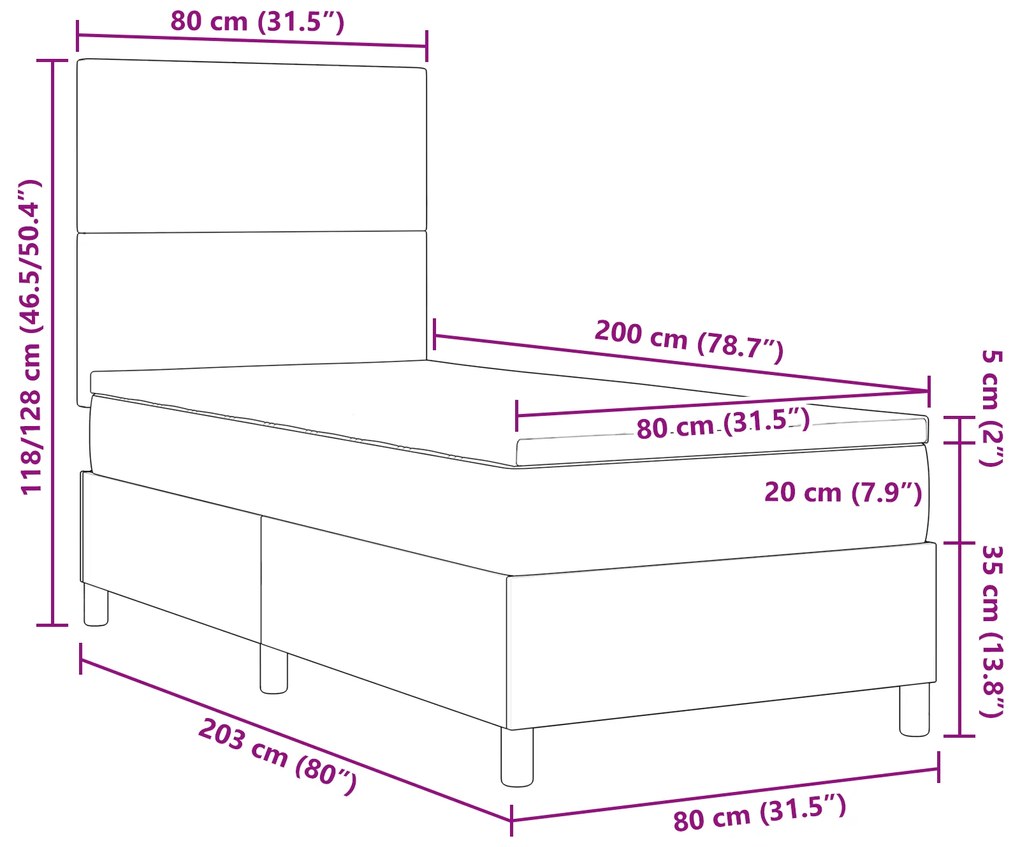 Cama Box Spring com Colchão Cinza Claro 80x200 cm Tecido de corduroy