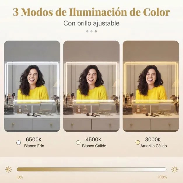 Espelho de maquilhagem com luz, 80 x 60 cm com 3 modos de iluminação regulável e controlo tátil inteligente Branco