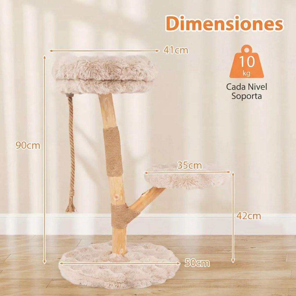 Arranhador para gatos 50 x 90 cm com plataforma central de atividades em madeira maciça, com postes para arranhar em juta natural, natural e bege