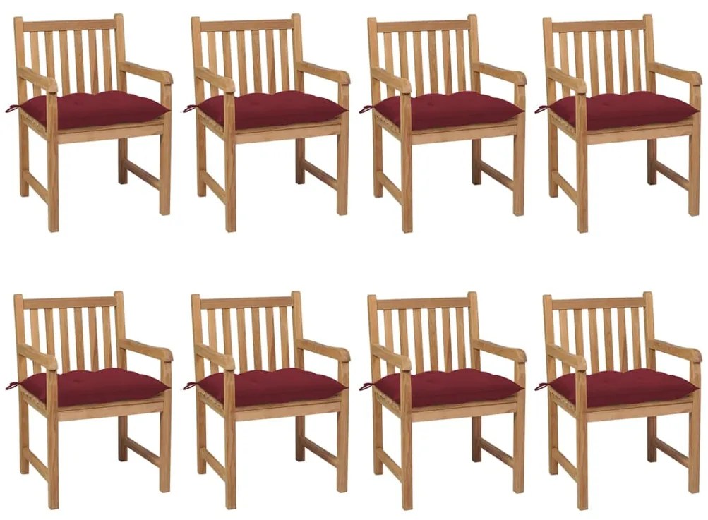 vidaXL Cadeiras de jardim almofadões vermelho tinto 8 pcs teca maciça