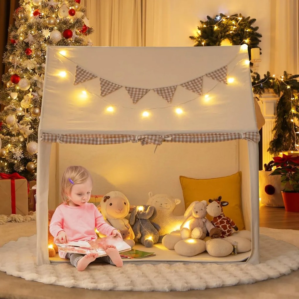 Tenda de Crianças com Tapete Acolchoado 125 x 100 x 127 cm, Luzes de Estrelas e Bandeirinhas Quadradas, Janelas e Portas Enroláveis para Crianças de 3