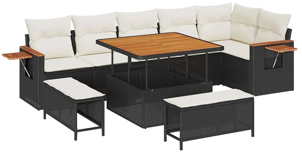 Conjunto de Sofá de Jardim com 9 Peças com Almofadas Preto Polirattan