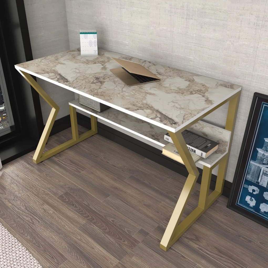 Secretária Wake – Branco e Dourado – 120x72,8x60 cm