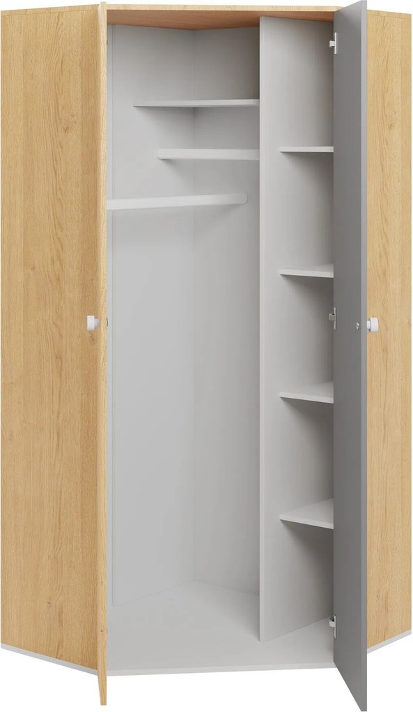 Roupeiro de canto Tesmonu 101, Branco, Carvalho, Cinzento, 190x90x90cm, 72 kg, Portas para roupeiro: Com dobradiças, Número de prateleiras: 5, Número de prateleiras: 5