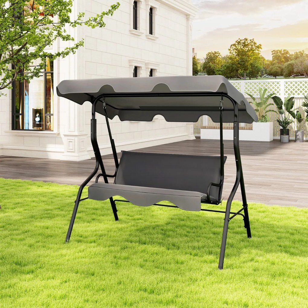 Baloiço Jardim 172 x 154 x 110 cm para 3 pessoas com toldo ajustável e almofada removível para jardim ou pátio, cinzenta