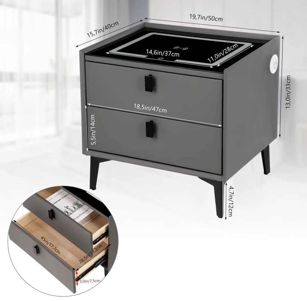 Mesa de Cabeceira Lux Inteligente com Carregador Wireless e Luz LED –