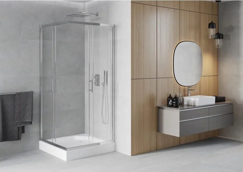 Mexen Rio cabina de duche quadrada 90 x 90 cm, transparente, cromado + base de duche, branco - 860-090-090-01-00-4510