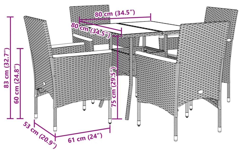 5 pcs conjunto jantar jardim c/ almofadões vime PE/acácia cinza