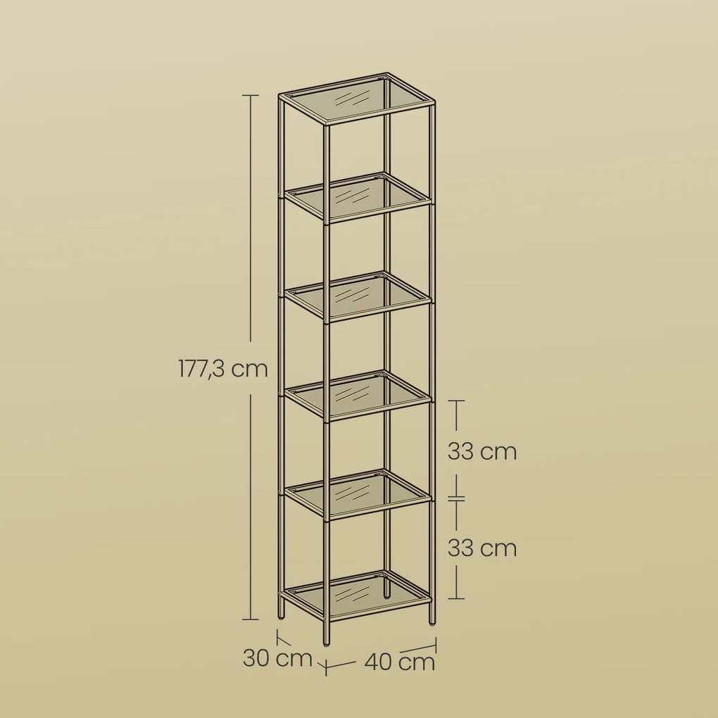 Estante com estrutura elegante e 6 prateleiras em vidro transparente 30 x 40 x 177,3 cm dourado