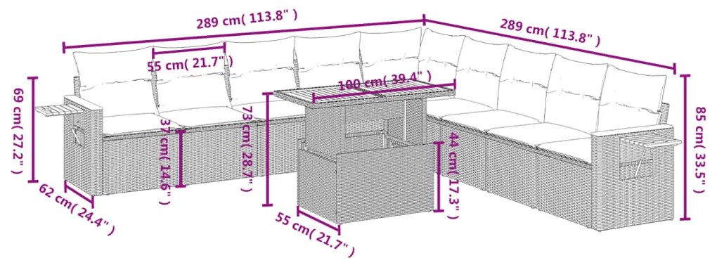 11 pcs conjunto sofás de jardim c/ almofadões vime PE preto