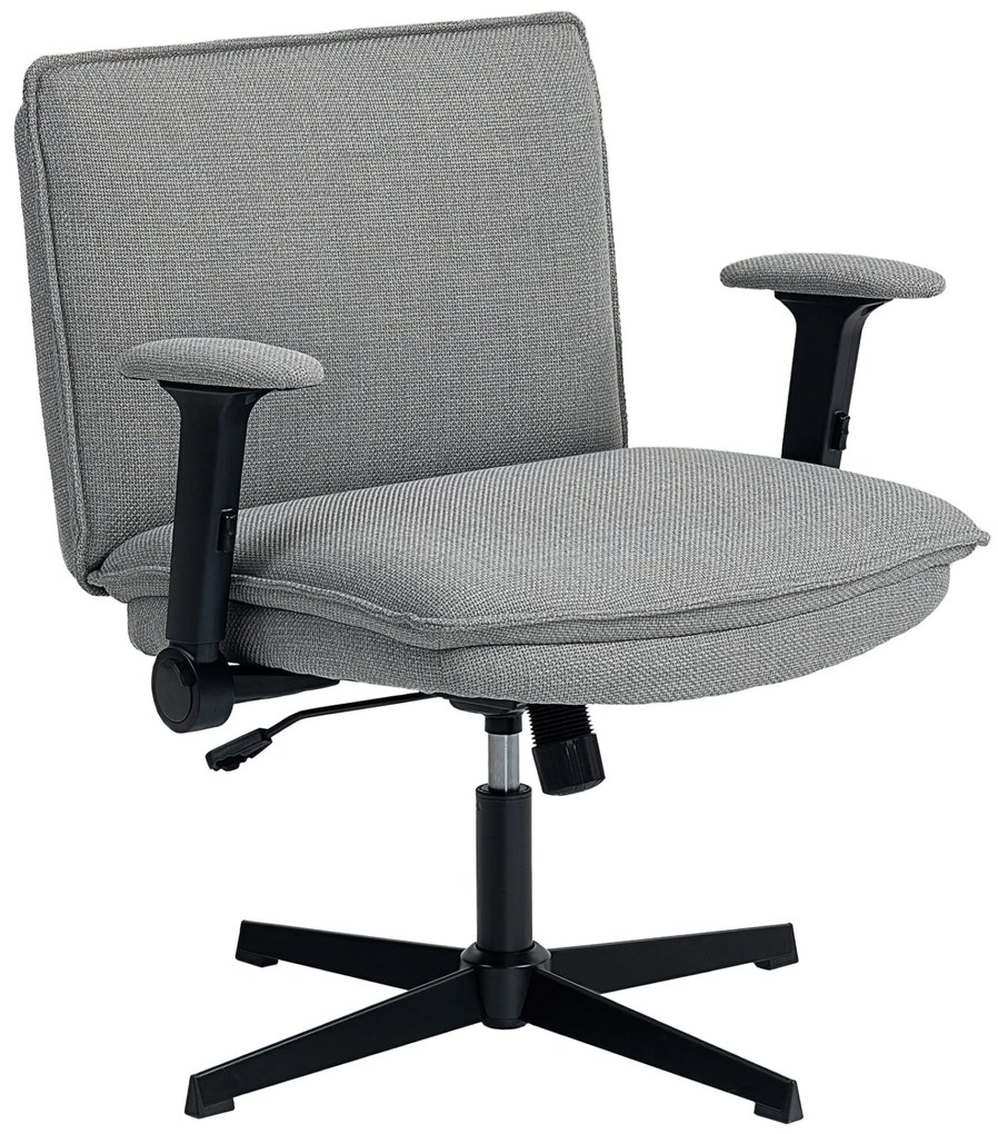 HOMCOM Cadeira de Escritório Cadeira de Secretária com Apoios de Braço Rebatíveis Assento Largo sem Rodas Altura Ajustável Giratória Função Basculante e Estofada em Linho 76x70x85-97 cm Cinzento