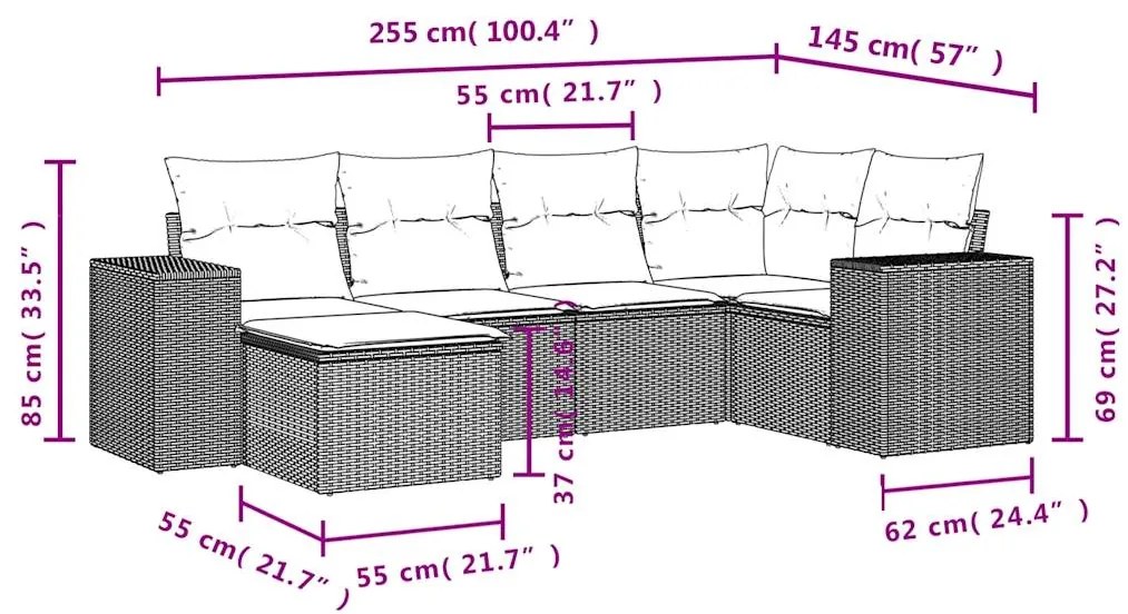 6 pcs conjunto sofás de jardim com almofadões vime cinzento