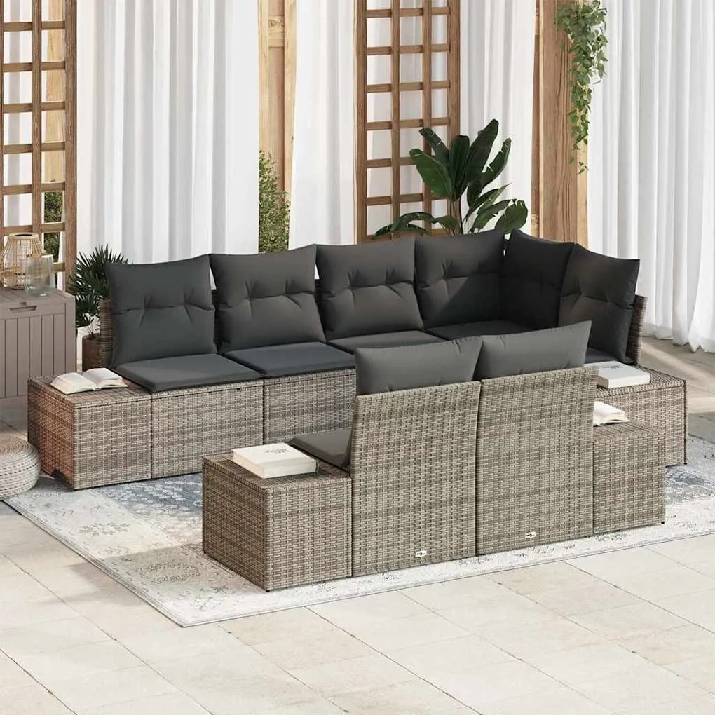 vidaXL Conjunto de Sofá de Jardim de 7 Peças com Almofadas Cinza em Rattan e Poliéster.