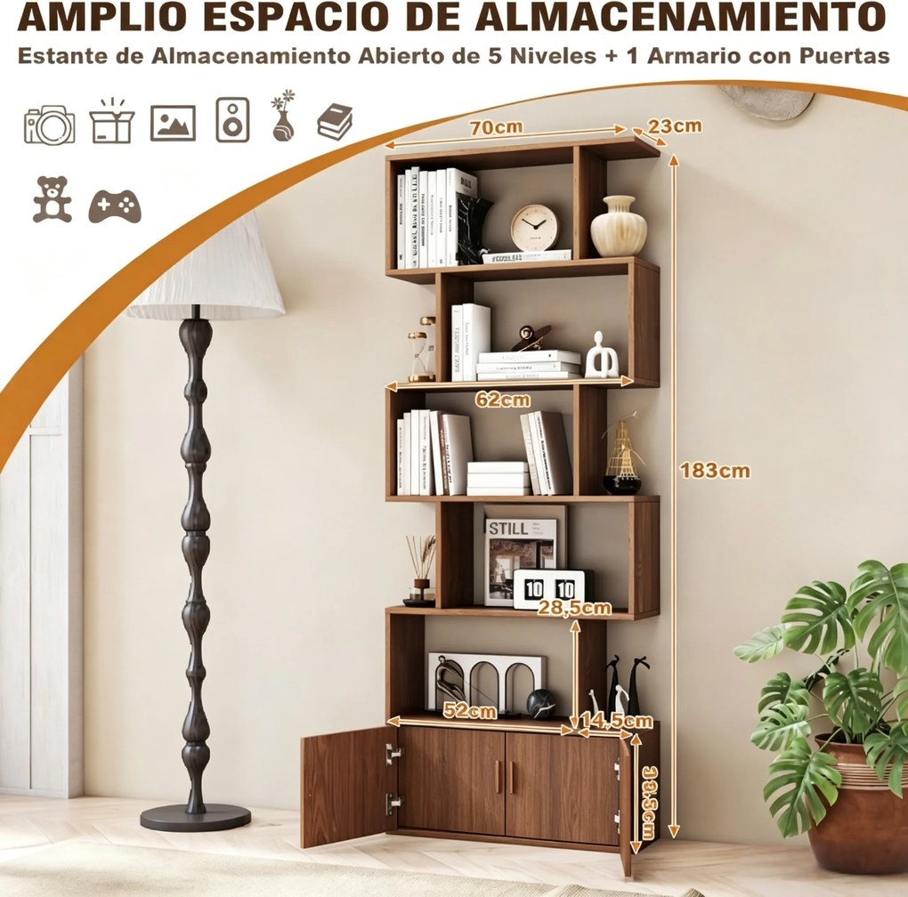 Estante de 5 Níveis com Armário de 2 Portas, 70 x 23 x 183 cm, Design em Forma de S, Natural