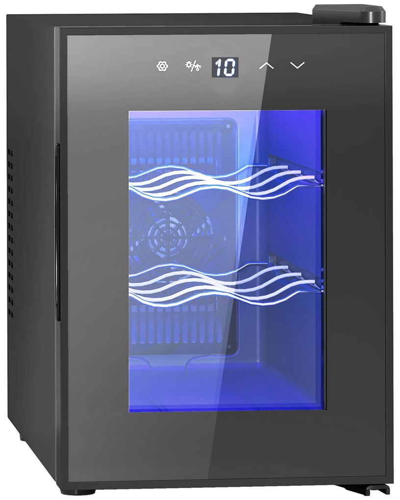 HOMCOM Cave de Vinho para 6 Garrafas com Luz LED Ecrã Tátil Controlo de Temperatura e 2 Prateleiras Ajustáveis 26,5x51,5x39,3 cm Preto