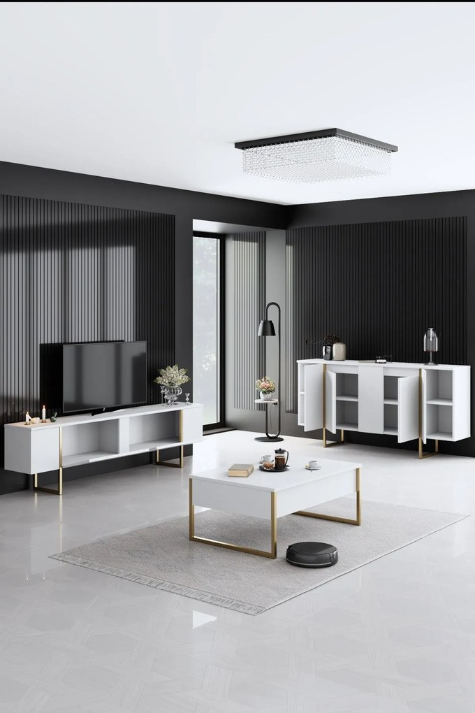 Conjunto de Mobiliário de Sala de Estar Luxe – Branco e Dourado – Cons