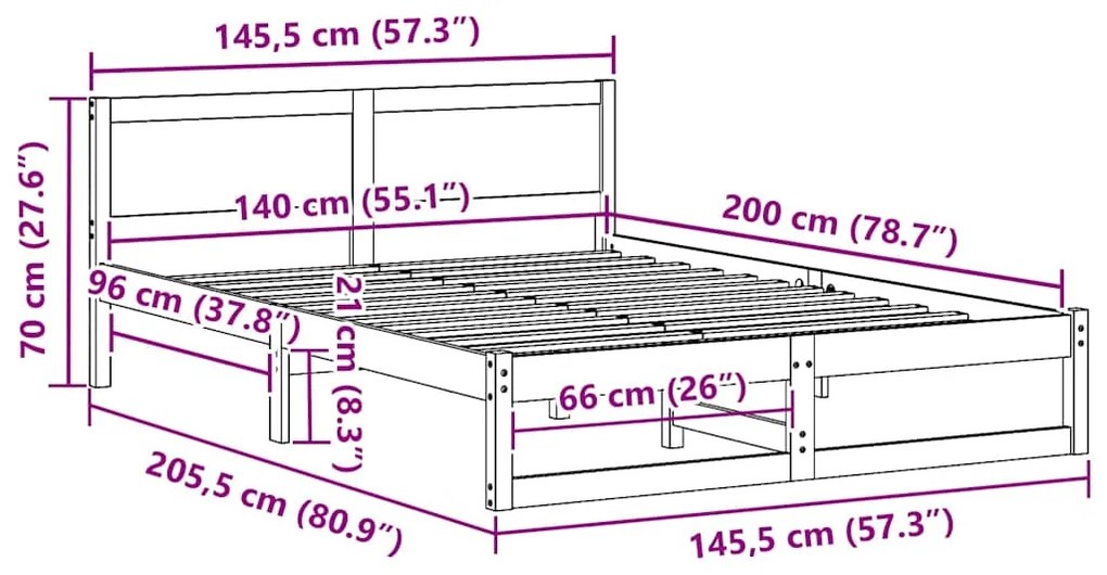 Estrutura de Cama Natural Madeira de Pinho Maciça 140 x 200 cm