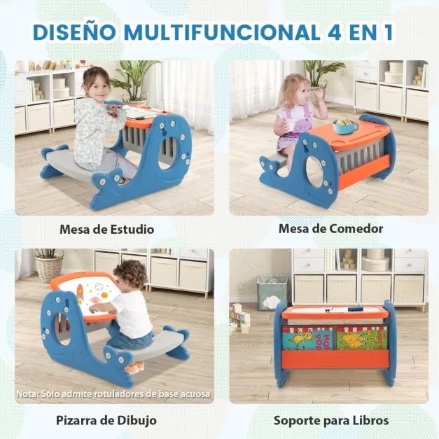 Conjunto de mesa de actividades para crianças convertível 4 em 1 com quadro branco e cavalete em forma de baleia para o quarto 67 x 54 x 39 cm Azul