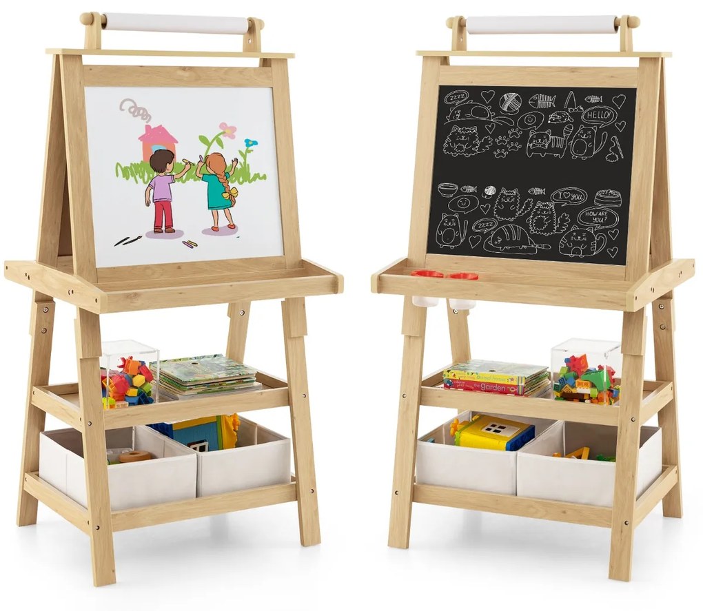 Quadro infantil de dupla face 3 em 1 com 2 prateleiras, 2 caixas e tabuleiro grande 59 x 50 x 117 cm - Natural