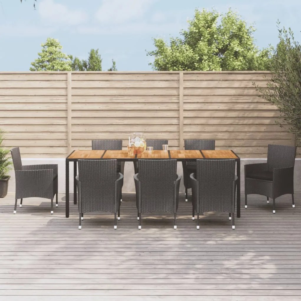 vidaXL 9 pcs conjunto de jantar p/ jardim c/ almofadões vime PE preto