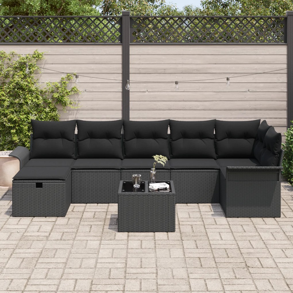 Conjunto de Sofás de Jardim de 8 Peças com Almofadas Preto Vime PE