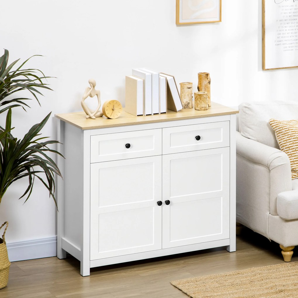 Cómoda com 2 portas e prateleira ajustável em altura, 2 gavetas, 100 x 40 x 85 cm, branca e com acabamento em imitação de madeira
