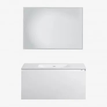 Conjunto De Móvel De Casa De Banho Suspenso Em Madeira Com Lavatório Integrado Macrae Branco & Led Retangular E Anti-embaciamento 100x70 Cm Riben & Se