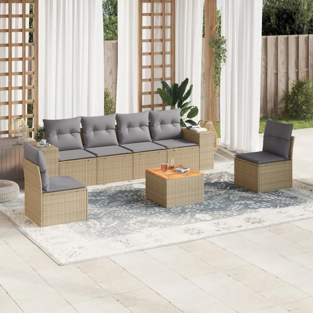 7 pcs conjunto de sofás p/ jardim com almofadões vime PE bege