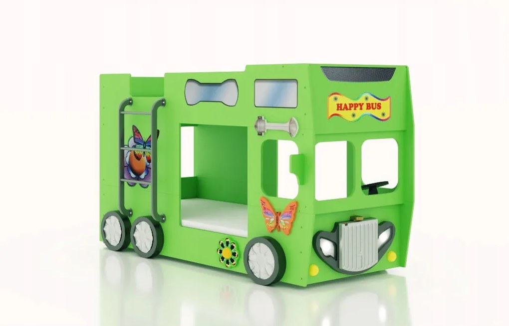 Cama para criança Beliche Autocarro 207 x 116 x 150 cm com Luzes LED 2 colchões e estrados incluídos, capacidade de 100 kg Verde