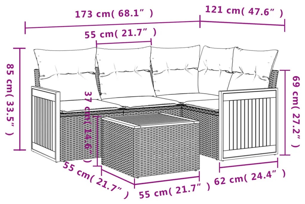 5 pcs conjunto de sofás p/ jardim com almofadões vime PE bege