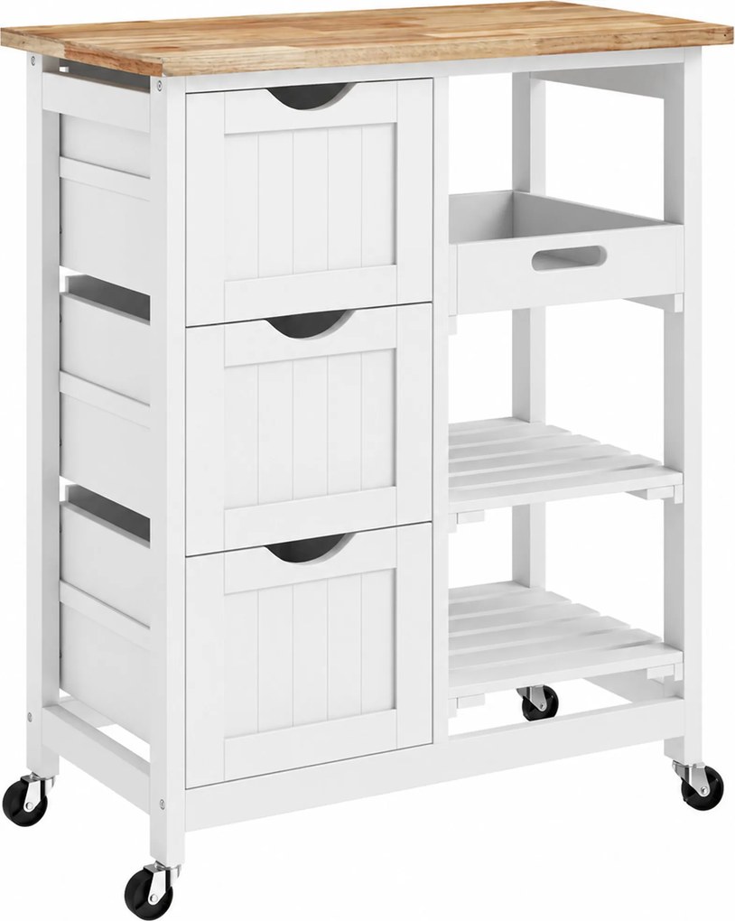 HOMCOM Carrinho de Cozinha com Rodas Carrinho de Serviço com 3 Gavetas 2 Prateleiras Abertas e Bandeja 67x37x85,5 cm Branco | Aosom Portugal