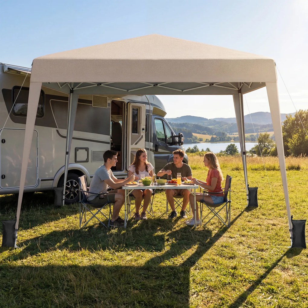 Tenda Dobrável para Exterior, 300 x 300 x 247-267 cm, Altura Regulável com 4 sacos pesos, Bege