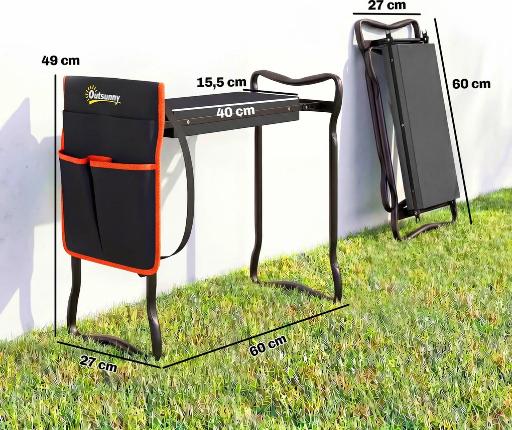 Banco de Jardim Dobrável com Almofada de EVA e Bolsa para Ferramentas na Cintura, Carga 150 kg