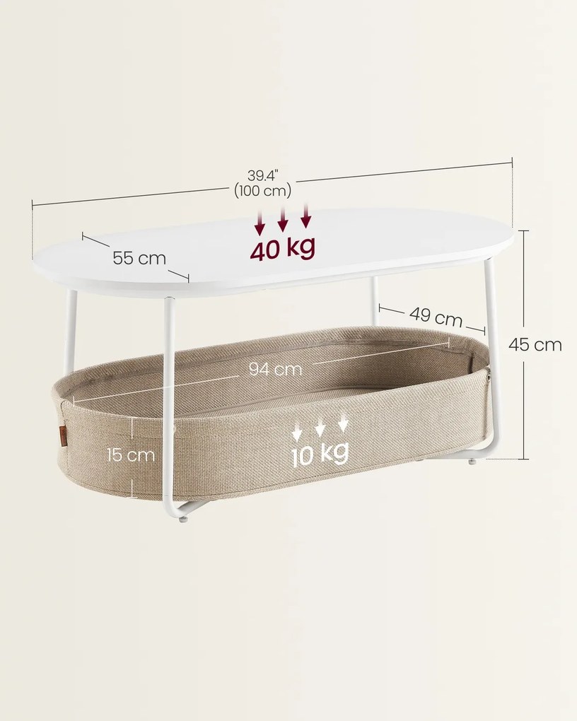 Mesa de centro oval 55 x 100 x 45,7 cm com espaço de arrumação e cesto de tecido Branco mate-castanho camelo