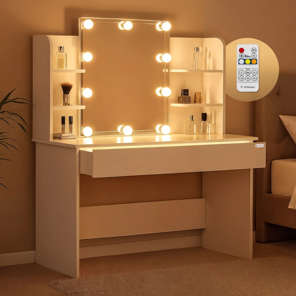 Toucador de maquilhagem Lucia 140x110x40cm com Luzes LED + banco com rodas Branco