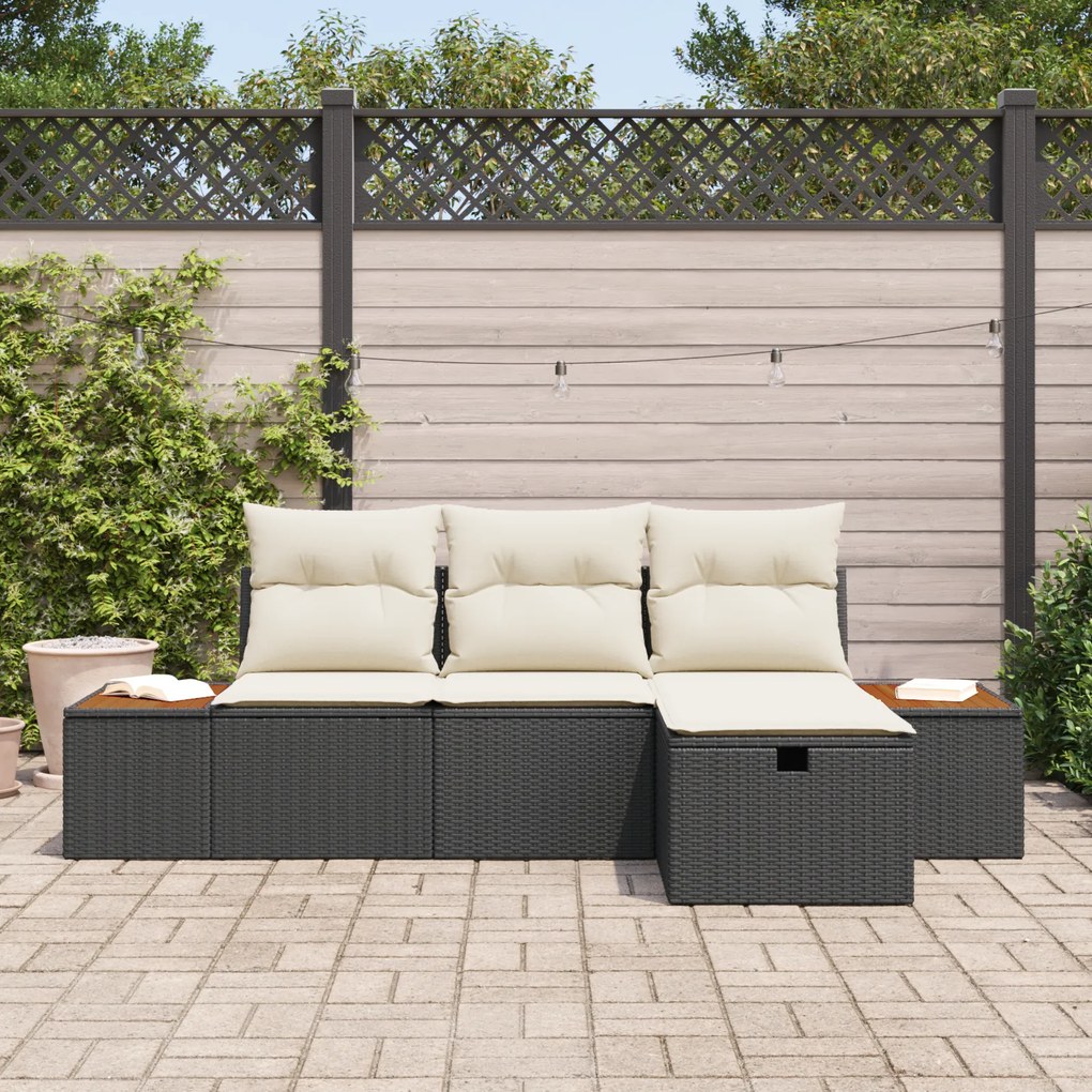 Conjunto de Sofá de Jardim de 4 Peças com Almofadas Preto Rattan PE