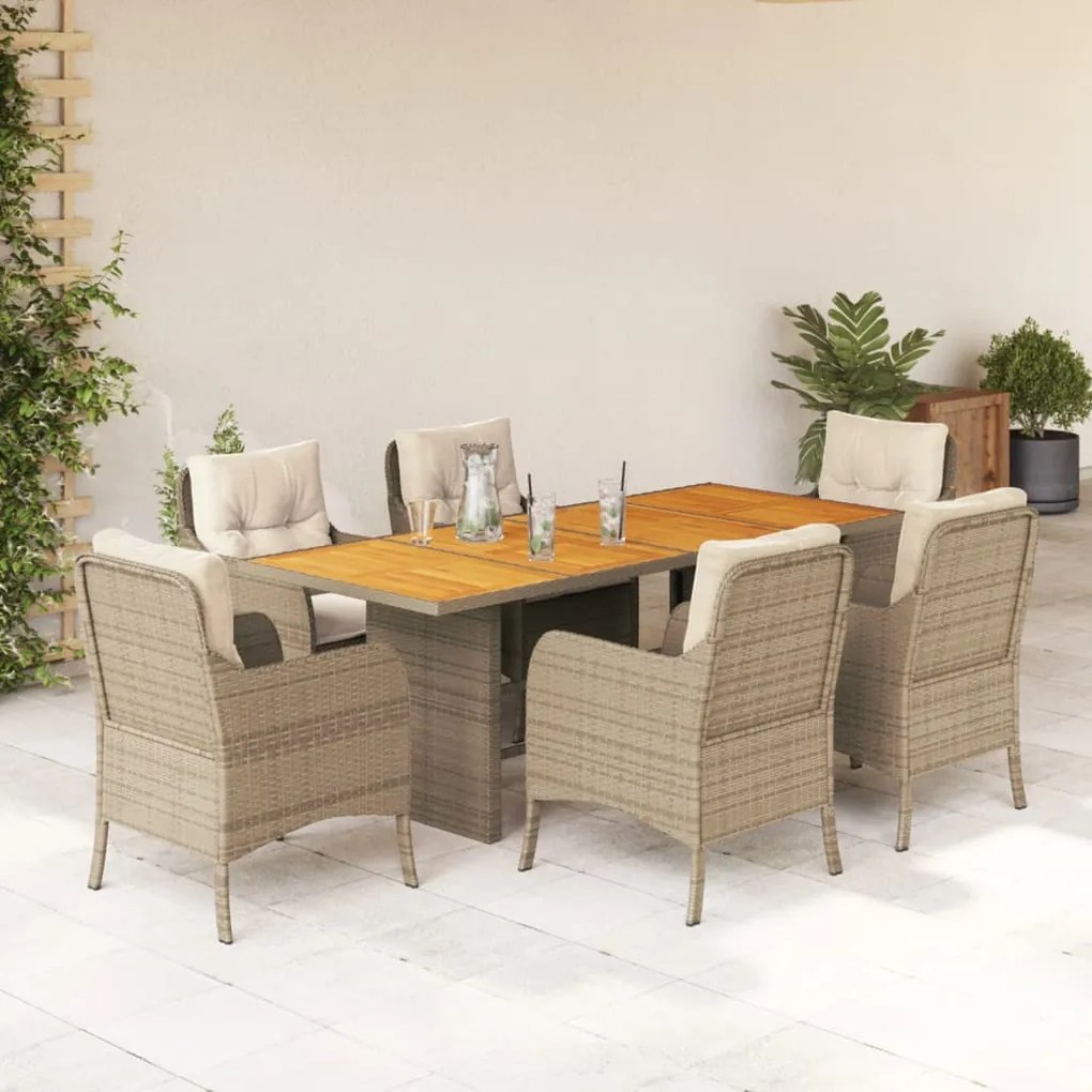 vidaXL 7 pcs conjunto de jantar p/ jardim com almofadões vime PE bege